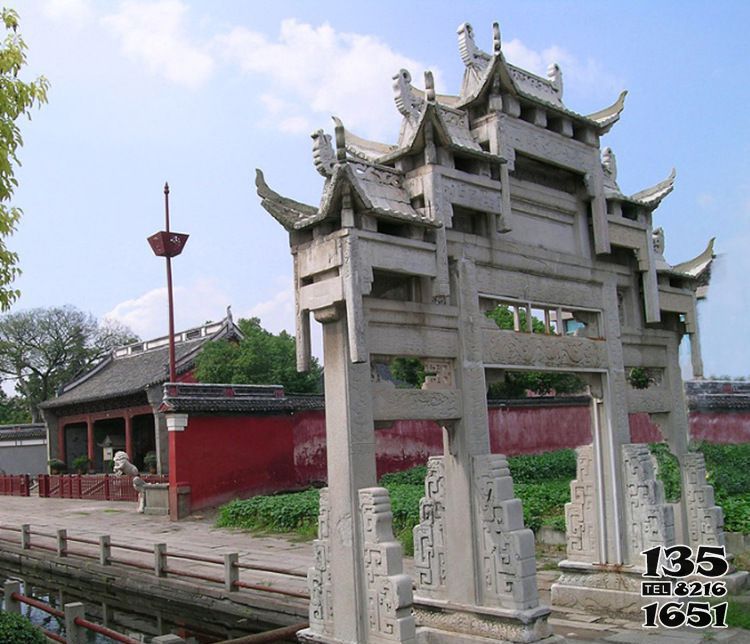 牌坊雕塑-寺廟三門(mén)小型牌坊花崗巖石雕高清圖片