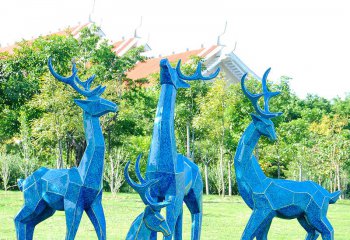 梅花鹿雕塑-公園草坪玻幾何璃鋼彩繪藍色梅花鹿雕塑