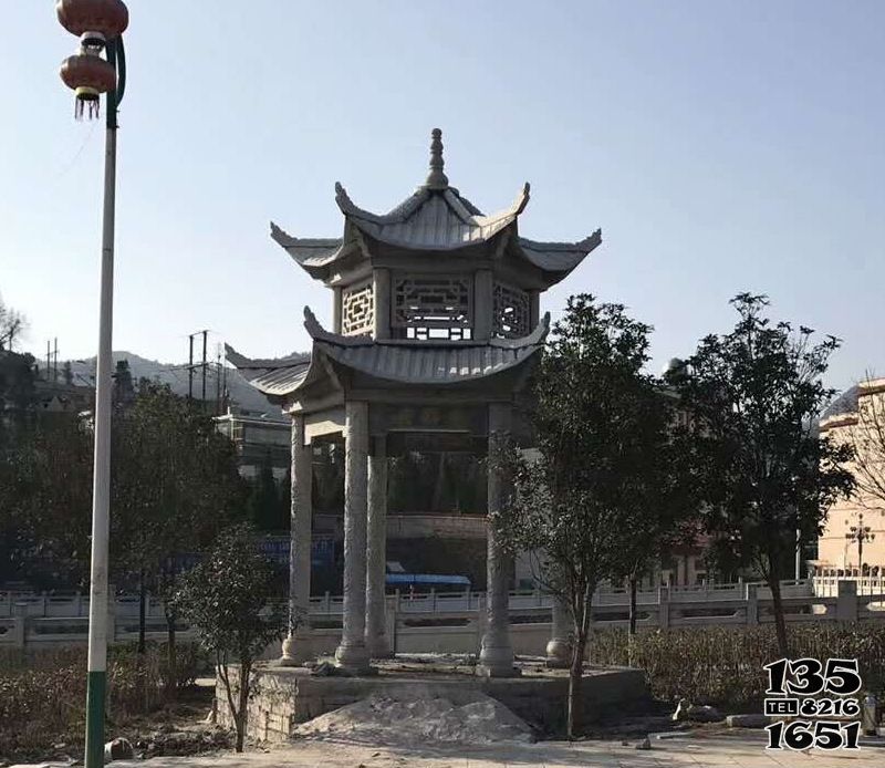 涼亭雕塑-村莊戶外景觀雙層鏤空仿古建涼亭休息座椅石雕高清圖片