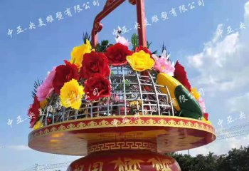 花籃雕塑-戶(hù)外景區(qū)廣場(chǎng)玻璃鋼仿真花朵迎國(guó)慶花籃雕塑