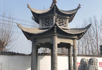 涼亭雕塑-雙層鏤空青石浮雕景區(qū)園林擺放仿古休閑涼亭