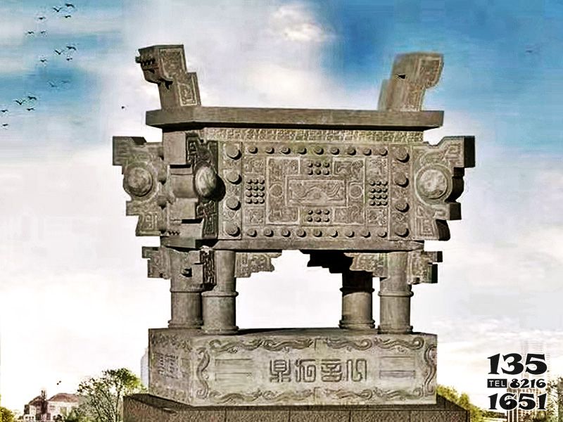 香爐雕塑-景區(qū)廣場(chǎng)擺放仿古鼎浮雕祈福長形平口香爐雕塑高清圖片