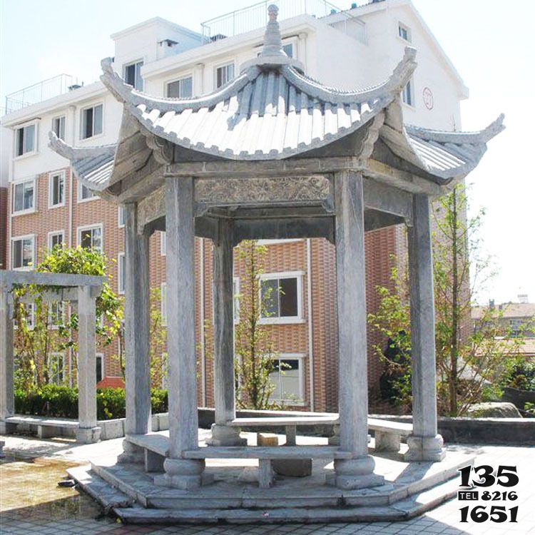 涼亭雕塑-小區(qū)花園擺放休閑青石仿古建六角涼亭雕塑高清圖片