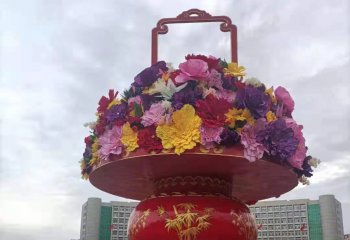 花籃雕塑-戶外景區(qū)廣場玻璃鋼彩繪迎接國慶大花籃雕塑