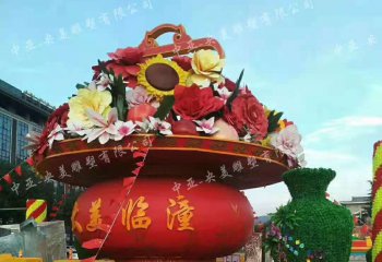 花籃雕塑-廣場大型景觀玻璃鋼彩繪國慶祝福祖國花籃雕塑