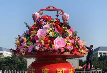 花籃雕塑-公園廣場創(chuàng)意彩繪鮮花花籃雕塑