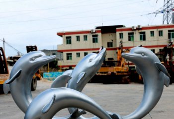 海豚雕塑-動物園四只姿態(tài)各異的不銹鋼海豚雕塑