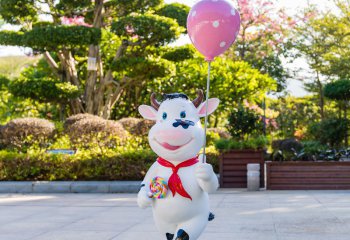 牛雕塑-幼兒園一只拿粉色氣球的玻璃鋼卡通牛雕塑