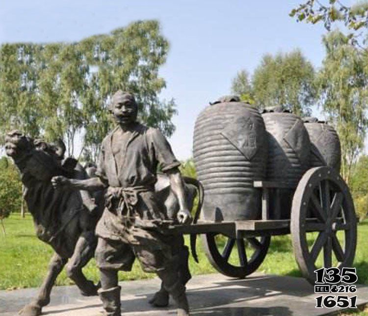 缸雕塑-公園駕著牛車拉酒缸的古代人物小品銅雕缸雕塑