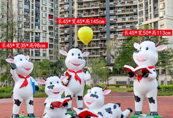 牛雕塑-幼兒園擺放一群看書的玻璃鋼牛雕塑