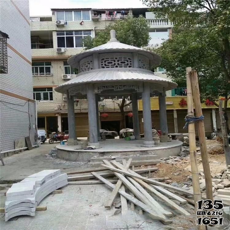 涼亭雕塑-小區(qū)公園擺放青石仿古建圓形雙頂涼亭高清圖片