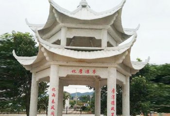 涼亭雕塑-山區(qū)寺院擺放大理石雙層涼亭雕塑